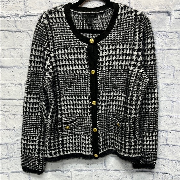 Tahari Black and White Sparkle Glitter Houndstooth Long Sleeve Cardigan/Sweater - Picture 1 of 7